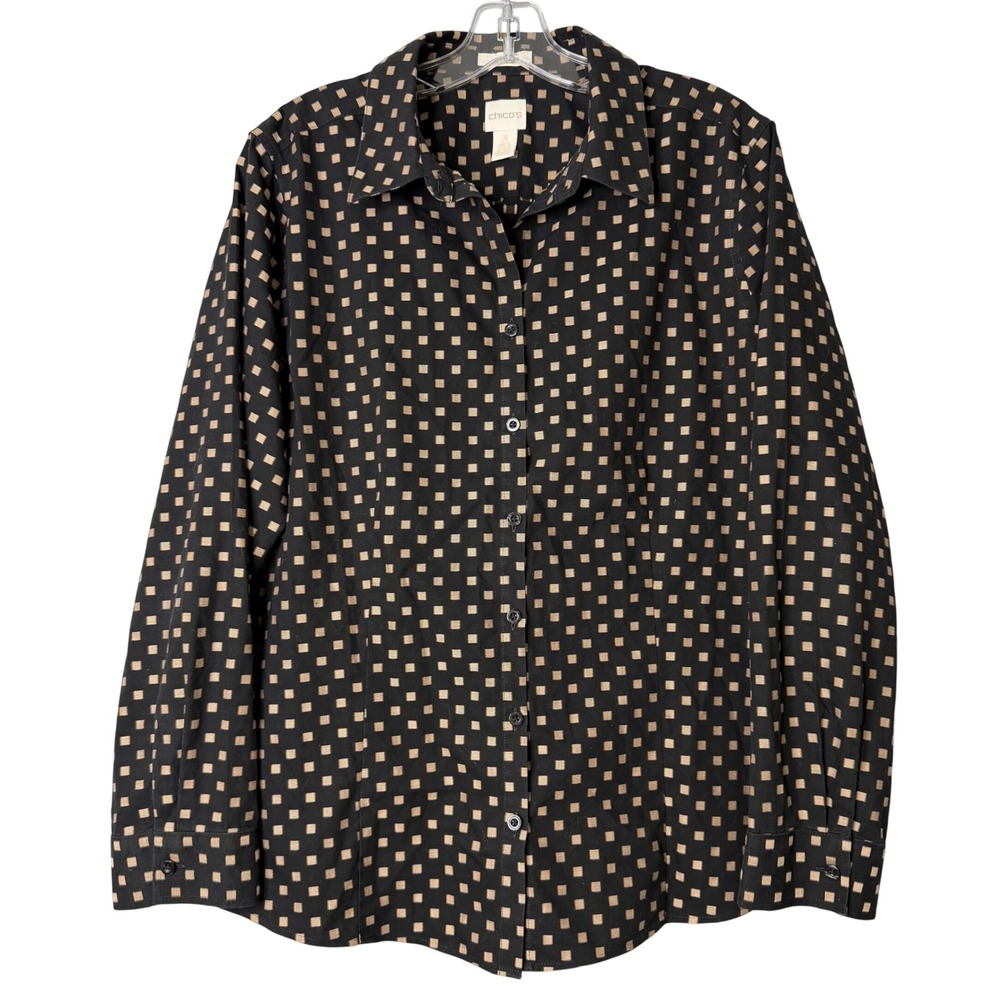 Chico's No Iron Button Up Shirt Womens XL Black Tan Square Embroidered Preppy‎